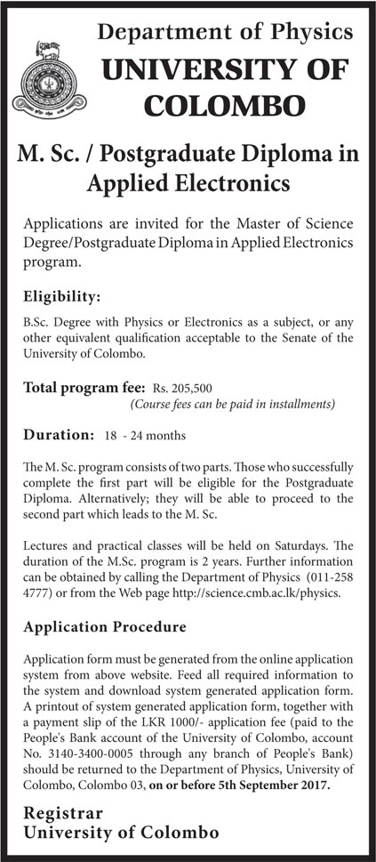 M.Sc. / Postgraduate Diploma in Applied Electronics - Department of Physics - University of Colombo